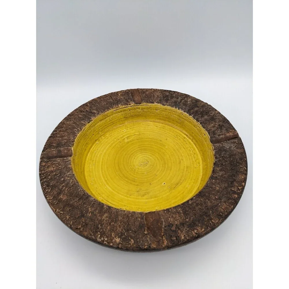 Vintage Bitossi Ashtray Round Bowl‎ Brown Yellow 1960s Italy Brutalist 10.5